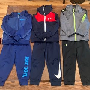 Boys 3T active pants / hooded jacket sets.  2 Nike and 1 Under Armour.